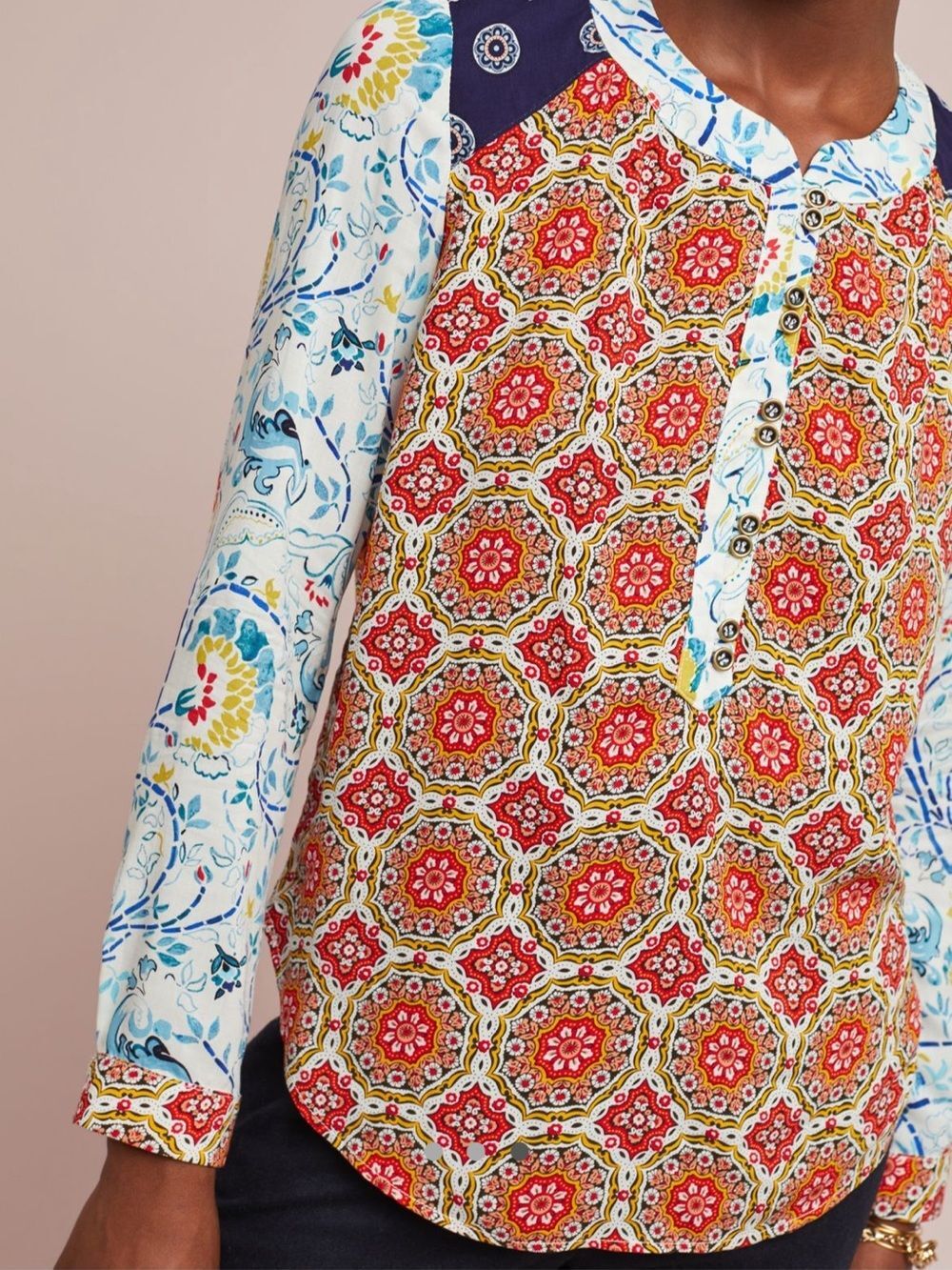Anthropologie Maeve Mandala Henley Top Boho Maximalist Dopamine Paisley Size 8 - Picture 2 of 10